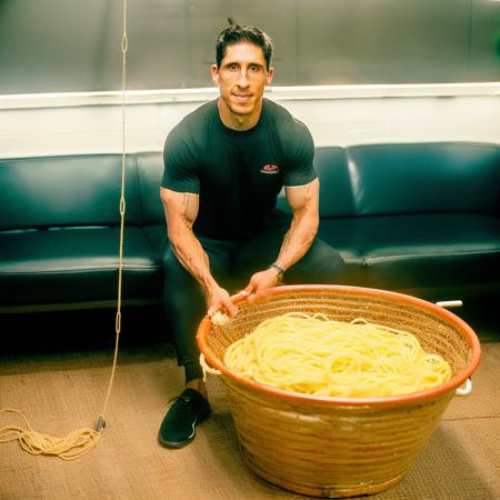 portrait of atleanx person as a fisherman in underwear pulling up a fresh catch of spaghetti from the ocean, in blade runner, professional photography, canon 5 0 mm, 4k, 2k, cinematic lighting, photography master piece, wes anderson, film, kodachrome, polaroid, <lora:atleanx_5460:1>