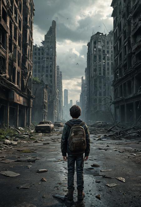 A young boy standing in the middle of an empty, cracked road, facing away from the viewer. He is looking toward a massive, realistic, post-apocalyptic city inspired by The Last of Us TV series. The skyline is filled with crumbling skyscrapers overtaken by vegetation, collapsed buildings, broken bridges, and abandoned cars. The atmosphere is somber and moody, with a cloudy, dust-filled sky and soft cinematic lighting. The scene is highly detailed, realistic, and immersive, capturing the emotional weight and devastation of the ruined city.
