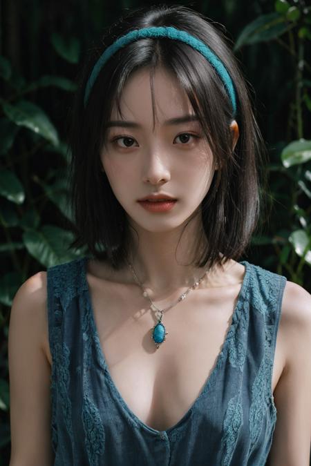 fashion photography portrait of woman avatar, 1girl in blue lush Alien Rainforest with flowers and birds, fantasy, lips, octane render, hdr, Dolby Vision, (intricate details, hyperdetailed:1.2), (natural skin texture, hyperrealism, soft light:1.2), fluffy short hair, , sharp focus, night, necklace, Chinese mythology, cleavage, medium breasts, sci-fi headband, looking at viewer, best quality, perfect body, <lora:Velvia1:0.6>