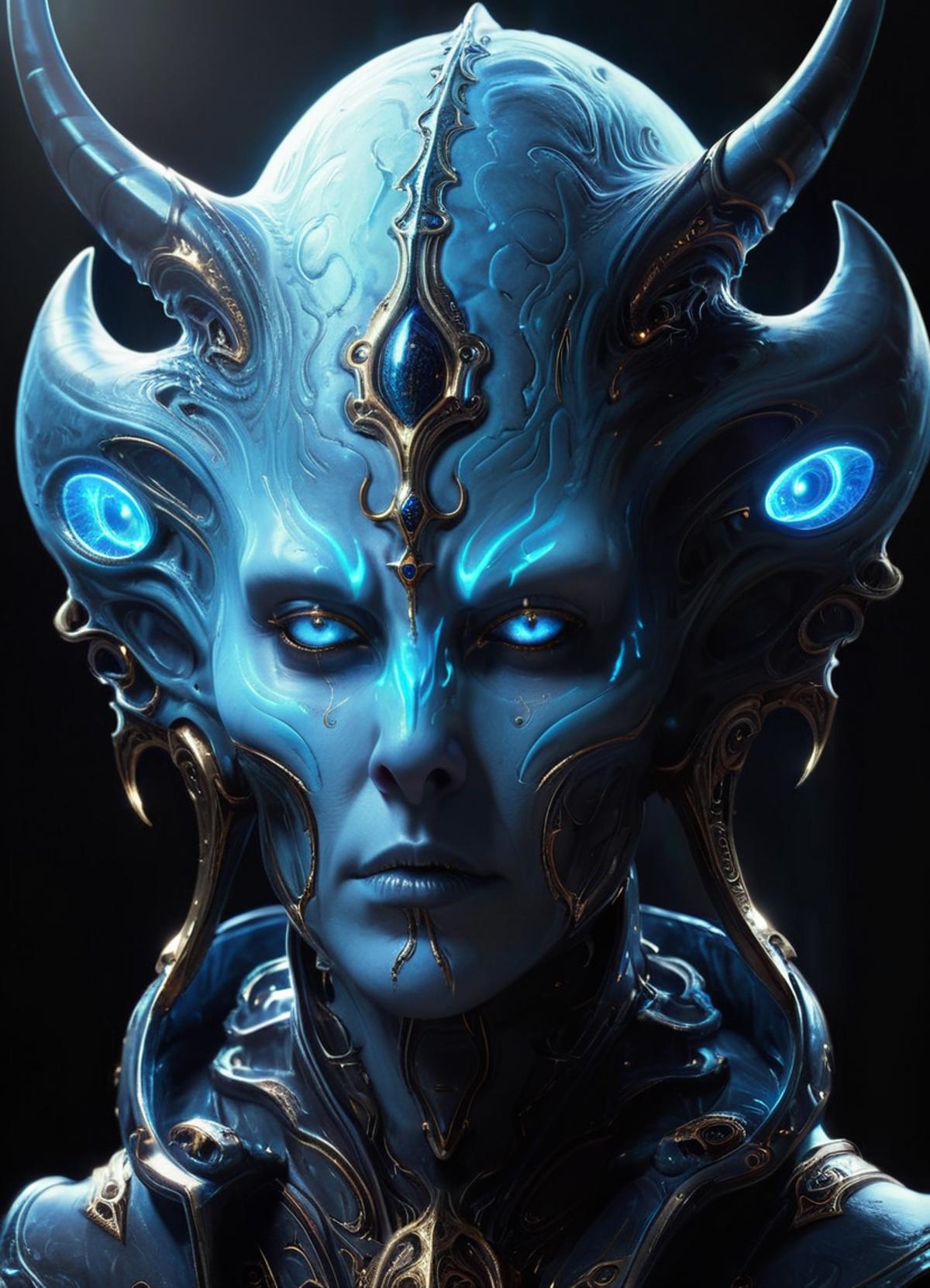 Blue Alien Monster Face, Scince Fiction, Cross, Blue glowing horns, GHTEN<lora:derv-GHTEN-SDXL-000003:0.7>