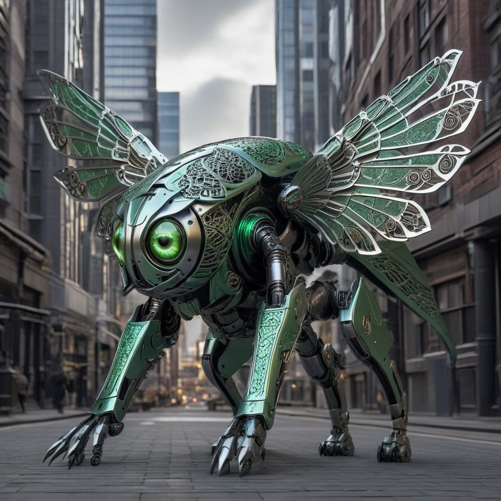 Insect type robot made of iron, a fantastical, robotic creature that blends organic and mechanical elements walking around a city. The creature appears to be a fusion of a insect and a machine, with a predominantly body made of iron adorned with intricate iron patterns. The body is primarily light green with silver accents, giving it a futuristic, high-tech appearance. Its legs are robust and segmented, with sharp, claw-like appendages at the ends, and they are detailed with a combination of metallic and organic textures. The creature has large, insect-like wings made of iron that are segmented and veined, with a translucent, almost crystalline quality. The head is small and rounded, featuring a large, glowing green eye that stands out against the metallic body. The mouth is small and sharp, suggesting a predatory nature. City background, tokio, buildings, detailed background. The creature's body is adorned with circular patterns and ref gem-like protrusions, adding to its otherworldly aesthetic.
