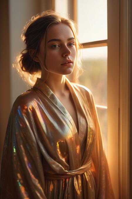A mesmerizing portrait of a young woman adorned in flowing, iridescent robes. Her gaze is contemplative, bathed in soft, golden sunlight streaming through a window.  Photorealistic style with hints of cinematic magic. Lighting: The primary light source is the soft, golden light of sunrise, which casts a warm glow across the landscape. The shadows are long and gentle, adding depth to the scene without overpowering it
