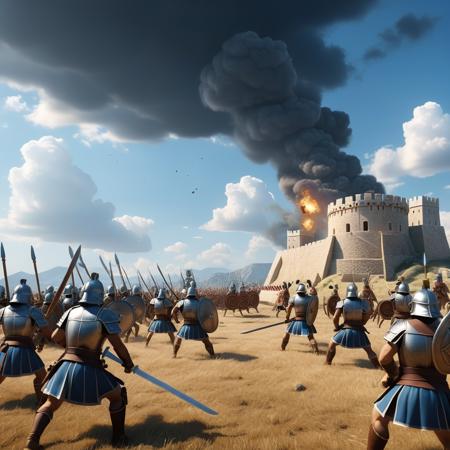 masterpiece,(cartoon style), <lora:CartoonStyle_Hap_XL:1.6>, Dark clouds gather above an ancient battle scene reminiscent of a siege of Greece, where swordsmen clash near towering catapults, a panorama of soldiers under a light blue sky, captured in super sharp image using Unreal Engine 5.2, shot on 24mm lens at a 42-degree angle with specific attention to Depth of Field, DOF, utilizing Tilt Blur, Shutter Speed 1/100ï¼