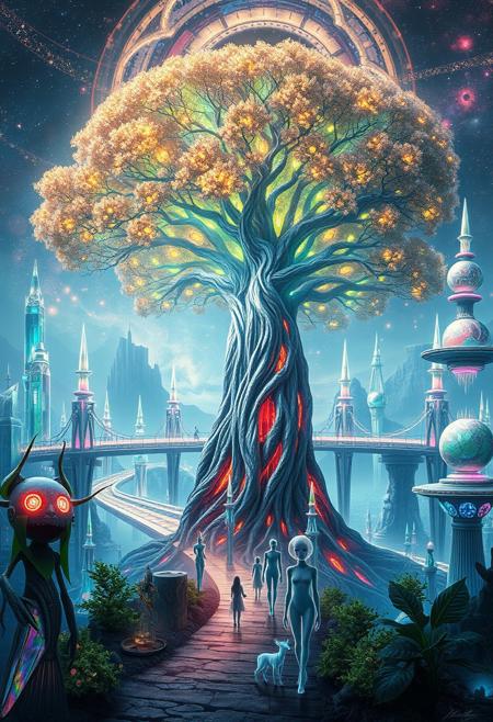 A mystical, ethereal realm where nature and technology intertwine, creating a harmonious fusion of organic life and futuristic architecture. The central focus is a colossal tree, its bark made of shimmering silver, and its leaves glowing like neon fractals. The tree’s roots stretch deep into the earth, intertwining with glowing, bioluminescent cables that pulse with energy. Surrounding the tree is a city made of crystalline structures, some floating and others anchored in the ground, with sleek, metallic bridges connecting them. The streets are lined with plants that have neon veins, and the sky above is a swirling vortex of stars, galaxies, and vibrant nebulae. Ethereal beings, resembling humans but with translucent skin and glowing eyes, walk through the city, interacting with advanced, sentient machines that look like organic creatures. The scene should evoke a sense of peaceful coexistence between technology and nature, blending science fiction with spiritual energy. The lighting is soft yet vibrant, with iridescent hues casting long, flowing shadows.