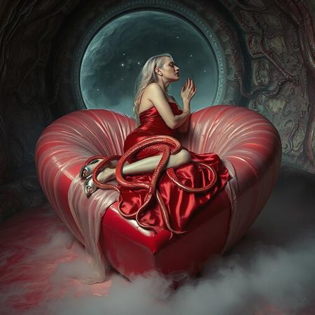Two ladies, an evil powerful mature slender supermodel lady in a whorish red glossy satin camisole and a innocent weak young blonde bride in a silver foil fitted camisole, passionately kiss, entangled in long tentacles, on a glossy slime-covered giant heart-shaped bed, covered with giant ultrathin transparent slime veil, weird alien hive slime walls and fleshy floor, giant portal to outer space at background, fog from the floor, reminiscent of H.R. Giger, Zdzisław Beksiński, and Ash Thorp's dark, sleek styles, with close-up glamour photography, glossy satin and silver heels glistening, fleshy slime dripping, and dark shadows.