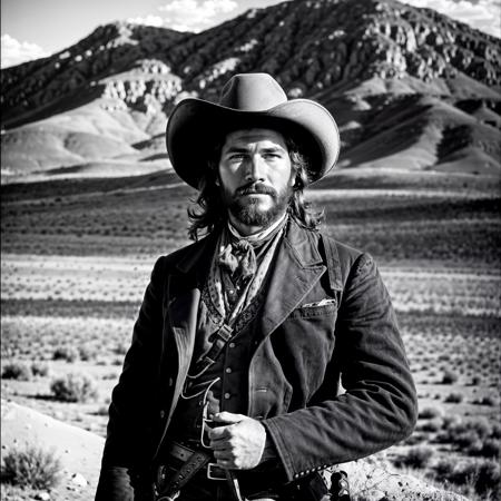 RAW, photorealistic, best_quality, cowboy-shot of a man in the western american frontier, year 1860, the style of Ansel Adams