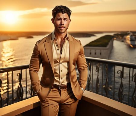 Nautical-themed (Photo:1.3) of (Ultrarealistic:1.3) <lora:Man_Men_FFashion:1> nick jonas a man <lora:nick-jonas:1> in a tan suit standing on a balcony, sun behind him, inspired by Pablo Munoz Gomez, shot at golden hour, editorial photograph, midshot of a hunky, by Roman Bezpalkiv, by Artur Tarnowski, maxim sukharev, by Gabor Szikszai,Highly Detailed,(Mono Color:1.3) . Sea, ocean, ships, maritime, beach, marine life, highly detailed