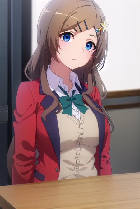 airiseto, <lora:airi seto s2-lora-nochekaiser:1>,
airi seto, long hair, blue eyes, brown hair, hair ornament, very long hair, hairclip, star \(symbol\), star hair ornament,
BREAK skirt, bow, school uniform, jacket, cardigan, blue skirt, (red jacket:1.2),
BREAK indoors, classroom,
BREAK looking at viewer, ()
BREAK <lyco:GoodHands-beta2:1>, (masterpiece:1.2), best quality, high resolution, unity 8k wallpaper, (illustration:0.8), (beautiful detailed eyes:1.6), extremely detailed face, perfect lighting, extremely detailed CG, (perfect hands, perfect anatomy),