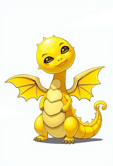A stylized lemon dragon with a big lemon head and tiny wings tilts its head and looks this way. Its body is made of several connected lemon slices, and the tip of its tail has a curled lemon peel. Its eyes are a bit far apart, giving it a laid-back expression. The background is a pale blue sky with white clouds. wl_lemons