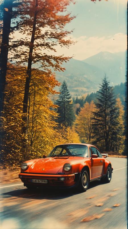 35mm Vintage photo of, (front view, closeup:1.5) of red porsche 911 turbo driving on a mountain roard, sunny day, blue sky, trees in vivid colors of indian summer like yellow orange red, lensflare, wet roard, reflections, motion blur, <lora:Vintage_Street_Photo:0.85>