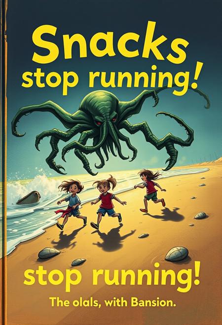 A child's golden book title "Snacks stop running!" Cover of book is Cthulhu chasing terrified children across a beach