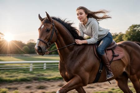 full body,photo of a 18 year old girl,riding on a horse,running,happy,looking at viewer,ray tracing,detail shadow,shot on Fujifilm X-T4,85mm f1.2,sharp focus,depth of field,blurry background,bokeh,lens flare,motion blur,<lora:add_detail:1>,