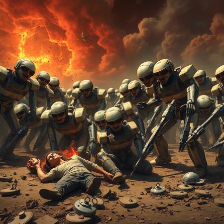 Apocalyptic scene. Suffering humans attempting to flee for their lives are trampled to death and forcefully broken and generally harmed by an evil army of rampaging happy robots. realism.