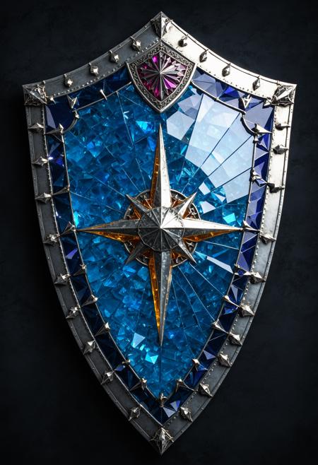 <cs-cr1stal-v2:1.5>, <novuschroma54 style:0.25>, a highly detailed model of (a medieval tower shield:1.15)) made entirely of (translucent (crystals:1.15)), high contrast, vivid colours, radiant colours, (path traced lighting), (dappled_lighting:1.3), lighting from above, celestial bodies, (crystal clear), simple background, dark background, jagged edges,