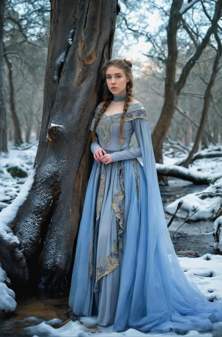 18 yo english girl,Focusing,breathtaking,nature,dgtlv2,8k,(wintertime:1.2),(snow:1.2),Huge trunk(A forest of tall oak trees covered with snow:1.2),streams,Frozen stream,representational,fashion editorial,full body,looking at viewer,depth of field,(Grey blue gold Viking dress:1.2),(Victorian age),<lora:add-detail-xl:0.7>,