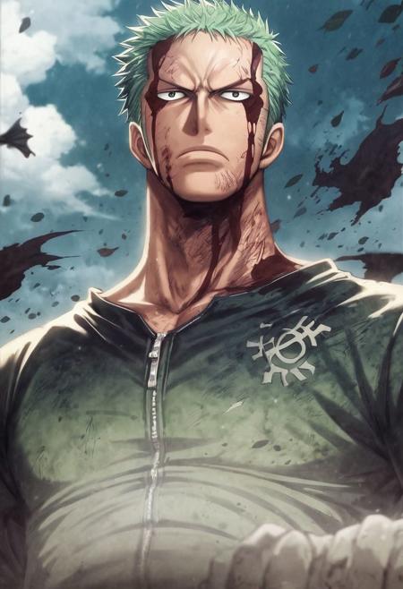 score_9, score_8_up, score_7_up ,score_6_up, 8k, green hair,(ZORO:1.0),Mask, by Noriyoshi Ohrai, (ink, thick outline, comics style illustration by Moebius, milo manara, best quality, masterpiece, realistic, detailed, highly detailed face) of a haunting scene with 1( Rononoa Zoro is Jack Skellington :1.0) in a dark fantasy Triller bark of diablo. Emphasize eerie atmosphere, high contrast, and interplay of shadow and light, colorful, gothic horror detailed face perspective from below anime, manga, comic, illustration, style by Jesper Ejsing and Frank Frazetta,Serious , ( Jack Skellington body suit:1.35)