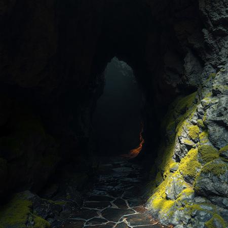 8k, source_photo, source_real, traditional media, real life photo, dungeons and dragons, medieval, deep and dark cave complex, underground, foreboding, natural caves leading deeper into the darkness, light emitting from moss on walls