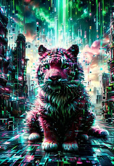 Highly detailed Dynamic shot of texture fur  adorable pink and blue baby tiger, extremely detailed fur  <lora:SDXLFaeTastic2400:0.8> High quality texture, intricate details, detailed texture, High quality shadow, Cinematic Light, Depth of field, light source contrast, cosmic jungle background filled with clouds, whimsical fantasy , glowing green Matrix code powers, powers swirls from hands, futuristic background, code raining from the sky, buildings flicker with data, Olaf friendly, glitchy hologram, pixelated, Cinematic lighting, dramatic pose, cyberpunk atmosphere.
score_9, score_8_up, score_8_up, masterpiece,super detailed face, super high resolution, FaceDetail, masterpiece-level, highly detailed, intricate details, detailed background, complex background, cinematic, intricately detailed illustration, depth of field, masterpiece, best quality, amazing quality, very aesthetic, absurdres, newest, very awa, shadow,