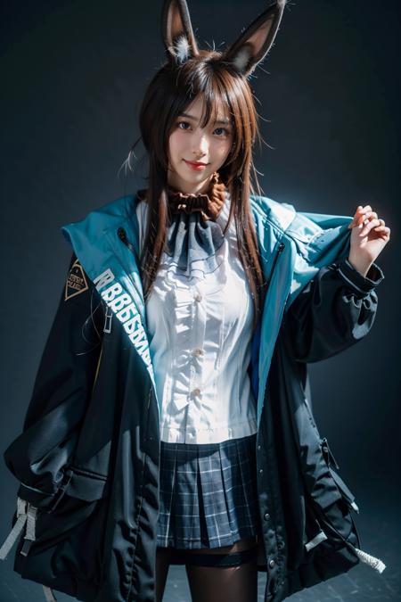 amiya cosplay costume,amiya,arknights,cosplay,long hair,brown hair,hair between eyes,rabbit ears,shirt,plaid skirt,pleated skirt,hooded jacket,coat,long sleeves,clothes writing,frilled ascot,anklet,thighlet,multiple rings,pantyhose,black pantyhose,black shoes