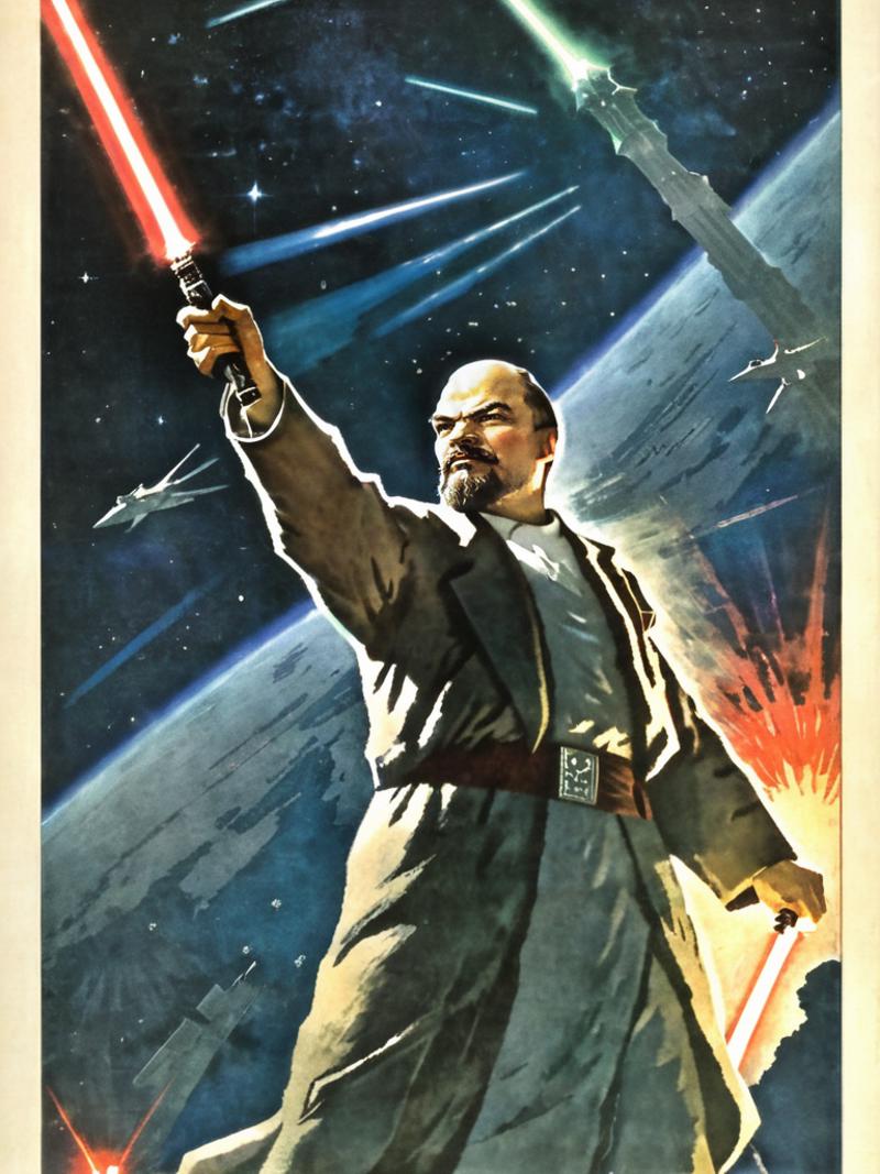 A man holding a lightsaber and standing in front of a spaceship.