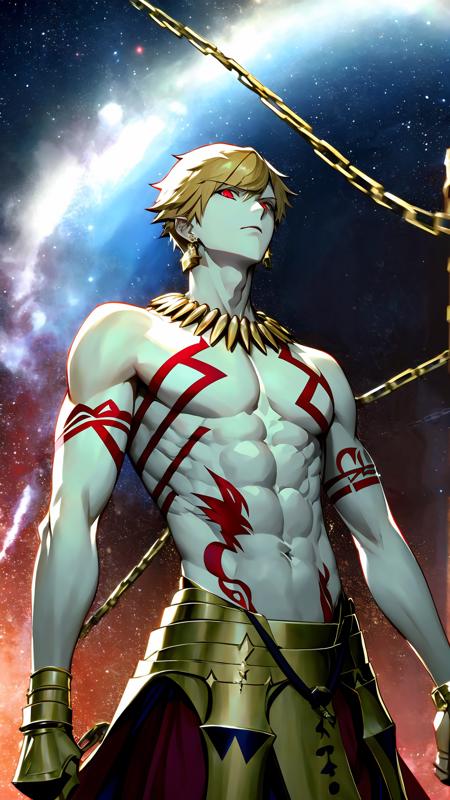 1boy, solo, red eyes, gilgamesh_\(fate\), blonde hair, earrings,  abs, tattoo,  armor, spiked hair