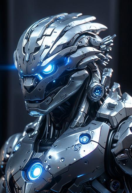 SilverPulse, silver sculpture of a mech kaijuu head, powerful energy beam shooting from chest  opulent study, layering outline with zirconia light, intricate, hyper-detailed, professional photoshoot, ultra-sharp, vivid colors, dark lighting, 50mm lens,