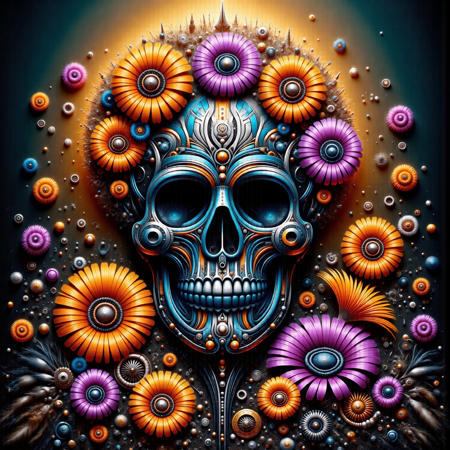DSLR photo, Staggeringly beautiful  Create a stunning, hyperrealistic image featuring a beautifully crafted sugar skull at its center, adorned with intricate patterns and vibrant colors that pop against a lush backdrop. Surround the skull with an explosion of bright, colorful flowers—peonies, daisies, and marigolds—each petal glistening under golden sunlight that filters through a soft, dreamy atmosphere. The background is a blend of rich greens and ethereal blues, creating a lively but harmonious scene. The sugar skull should have expressive, mesmerizing eyes, conveying a sense of life and celebration, while the flowers seem to sway gently, as if caught in a warm breeze. The overall atmosphere should radiate joy and artistry, inviting viewers to marvel at the details in an ultra-high-definition style.