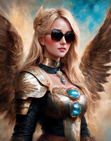 ((Masterpiece, best quality)),beautiful colors, sharp contrast,oil painting, vintage,crackled paint,
walkure, portrait of a  woman ,wearing walkure,wings,armor,winged helmet,painted in walkure style
Blonde Nadia with sunglasses and a choker,
 <lora:edgWalkureXL:1> <lora:NadiaXL:1>