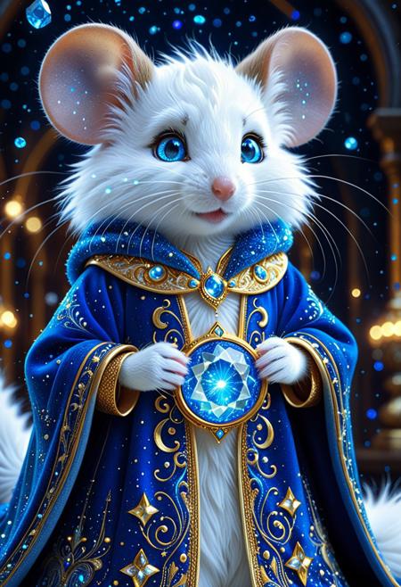 breathtaking detailed, masterpiece, absurdres, awe-inspiring, best quality, vibrant colors, adorable fantasy mouse mage, large expressive glowing blue eyes, cute round face with soft white fur, blue gemstones, detailed intricate jewelry, majestic royal blue robe with golden embroidery, glowing magical with swirling blue energy, sparkling particles floating, cinematic lighting, highly detailed fur texture, intricate costume design, perfect sharp focus, bokeh background, magical atmosphere, ultra high resolution, 8k, maximum cuteness, adorable fantasy character,