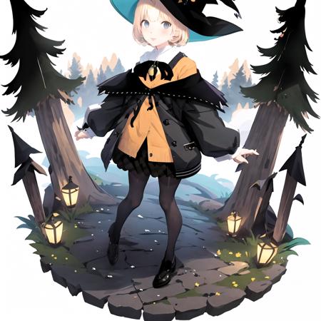 Millie , witch clothes ,witch robe ,  witch hat , pantyhose , sweater , :3 , white background , round  , clouds , trees , stones , ((Gacha Splash)) , highly detailed character ,     <lora:Millie:1>    <lora:gachaSplashLORA_gachaSplash31:1>