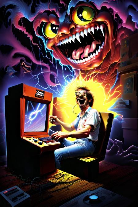 a man at home in his bedroom, sitting at his computer, having fun, laughing, static, tapping into the beyond, electric vibes, luminous, 1980s fantasy art, atari box art, alone,