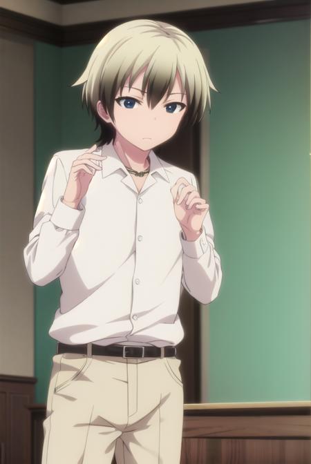 kodakahasegawa, <lora:kodaka hasegawa s2-lora-nochekaiser:1>,
kodaka hasegawa, blonde hair, male focus, multicolored hair, two-tone hair, (black eyes:1.3),
BREAK shirt, jewelry, school uniform, belt, necklace, pants, green pants, white shirt, long sleeves, collared shirt,
BREAK indoors, classroom,
BREAK looking at viewer, (cowboy shot:1.5),
BREAK <lyco:GoodHands-beta2:1>, (masterpiece:1.2), best quality, high resolution, unity 8k wallpaper, (illustration:0.8), (beautiful detailed eyes:1.6), extremely detailed face, perfect lighting, extremely detailed CG, (perfect hands, perfect anatomy),