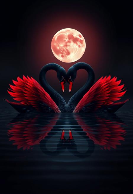 A cinematic illustration of two swans entwined as a heart shape in the still waters of a serene lake. The swans are artfully painted in a striking black and sleek red design. The vibrant red accents draw the eye, creating a bold and eye-catching contrast against the deep, enigmatic black background. The full red moon casts its ethereal glow on the scene, adding to the mystique. The overall effect is a striking conceptual art piece that explores the themes of love, passion, and the unknown.