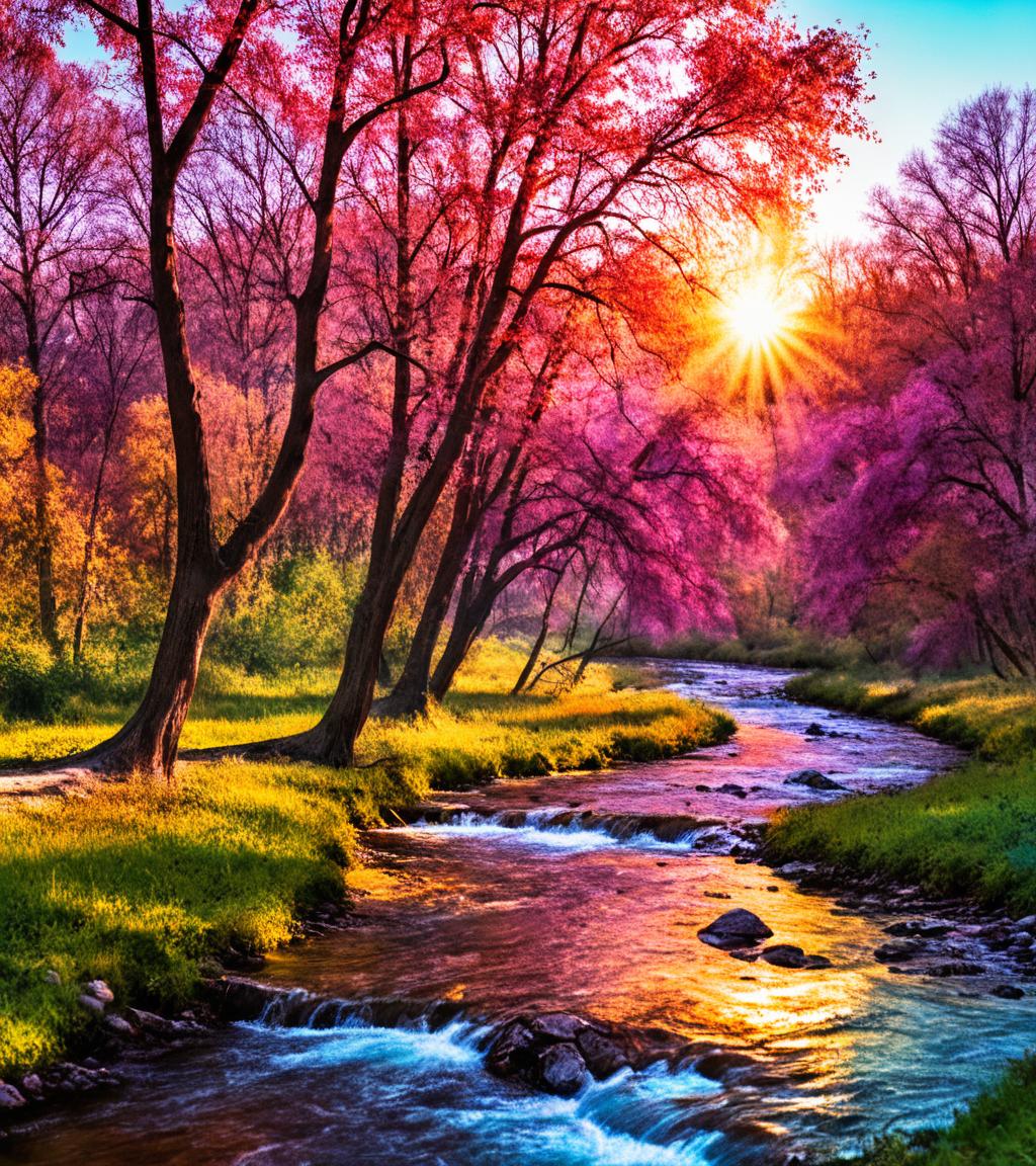 Canon EOS 5D Mark IV, a photo of a river with trees and a sun, colorful landscape painting, colorful, vibrant, vivid, beautiful fantasy painting, surreal colors, dream scenery, dynamic lighting,