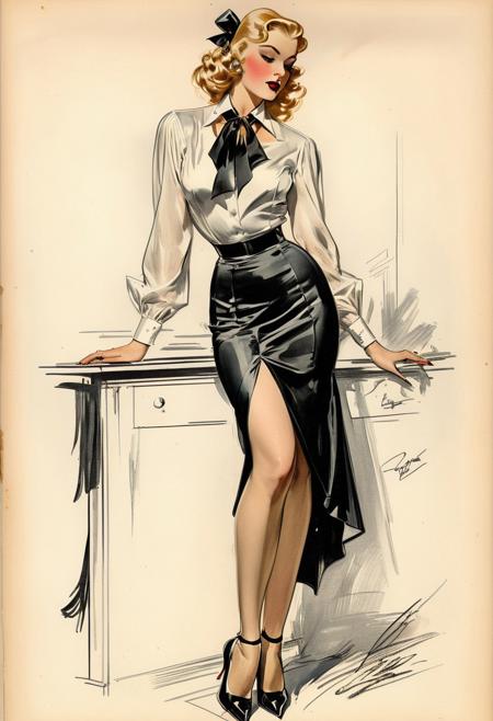 1935 vintage comics, circa 1935, sexy young glamour blond White blouse shirt, metal collar, High heel shoes, blond long hair tied back black ribbon, long black Hobble skirt, Boldini, harrison fisher sketch rough drawing color, character art, full body