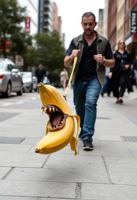A banana on a leash being walked by its owner. The owner is holding a leash and walking their pet banana through town. The banana is vicious and snarling with its teeth exposed, attempting to attack the viewer. The owner is holding the leash tight while trying to prevent the vicious banana from harming the viewer.