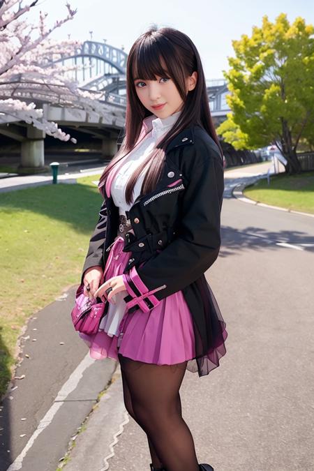 1girl, jacket, shock_pink skirt, (black tights), short boots,  lips, lipstick, realistic,  solo, standing, best quality, photorealistic, masterpiece, 8k, high res, solo, (((woman))), (medium breast), ((looking at the viewer)), (looking at the camera), (long hair), (professional lighting, bokeh),top angle view, extremely detailed face, fashionable and trendy atmosphere, japan, street, park, river, bridge,  sakura, sakura blossom, ((daytime)), (portrait:0.6), seductive smile, gorgeous, floating hair, (light particles, lens flare, glowing particles:0.6), (dynamic pose:1.2), soft lighting, brown hair, full body, narrow face, smile,  mask, japanese, gothic, heterochromia eye, purple left eye, blue right eye, beroba, uniform, black hair with highlight, nail_polish, pink_nails,  <lora:Beroba:0.8>