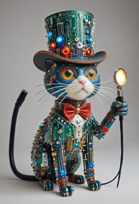 embedding:lazmpos, Transistors, pcb_style, LED, colorful LED lights, RGB lights, red green and blue cat, art deco, top hat, cane, monocle,RetroBG