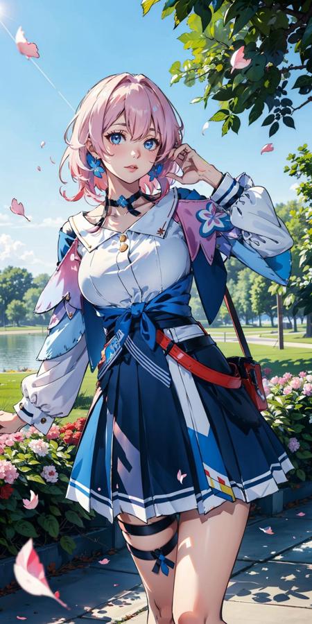 <lora:March_7th:0.75>, 1girl, March_7th(Honkai_StarRail), pink hair, medium hair, blue jacket, white shirt, huge breasts, thighs, (white thigh strap), skirt, upper body, standing, (cowboy shot),(masterpiece, high quality, best quality), (colorful),(delicate eyes and face), volumatic light, ray tracing, extremely detailed CG unity 8k wallpaper,solo, ((flying petal)), outdoors, park, lake, blue sky, flowers field,