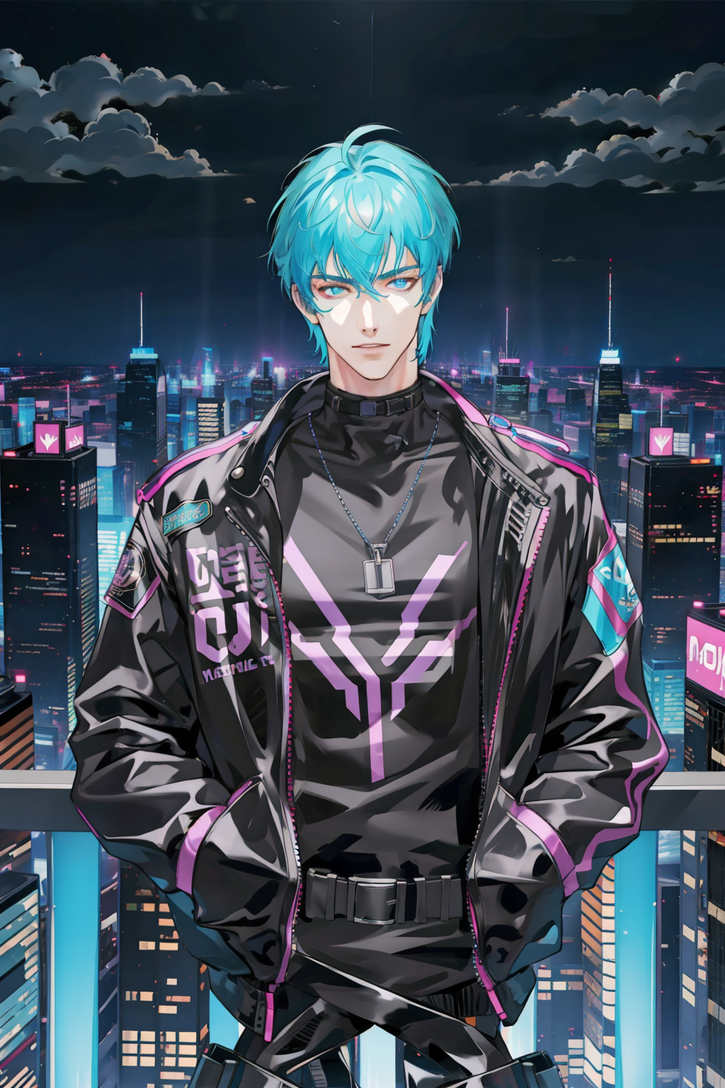 masterpiece, best quality, 1 male, handsome, tall muscular guy, Cyberpunk, motorcycle, neon hair, holographic, black jacke...