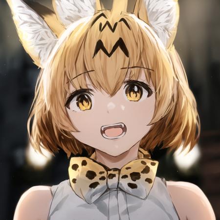 serval (kemono friends), 1girl, cat girl, serval ears, serval print, white sleeveless shirt, yellow bowtie, blonde hair, short hair, bare shoulders, open mouth, ((solo)), detailed shading, detailed ambient light