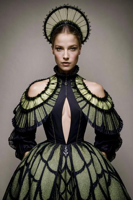 Portrait of a beautiful model wearing haute couture garments inspired by carnivorous plants + Alien the movie + victorian fashion, in the style of iris van herpen+ neri oxman + tim walker + martin margiela, unique materiality of garments, ethereal, romantic period, gothic horror, highly detailed, sublime, supernatural, avant-garde <lora:Ali_Larter_512x768:0.85>