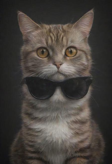 (best quality, 8K, high resolution, masterpiece), ultra detailed, (3D CGI), black sunglasses, trendy, fashionable, orange, white and black stylized ((calico_cat:1.1) on a black background, countryside advertising, winning photo,