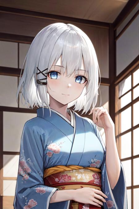 masterpiece, best quality, highres, 1girl white hair blue eyes x hair ornament <lora:siesta_no_outfit:1> kimono