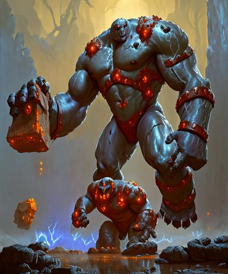 wjqhammer golem, battlefield at dawn, illustration by Slawomir Maniak, Magic the Gathering, <lora:wjqhammer-13:0.7>