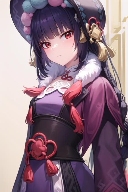 yunjin, <lora:yunjin-lora-nochekaiser:1>,
yun jin, black hair, blunt bangs, braid, eyeshadow, long hair, makeup, purple hair, (red eyes:1.5), red eyeshadow, (small breasts:1.2),
BREAK black footwear, boots, chinese clothes, fur trim, hat, knee boots, long sleeves, pantyhose, pom pom (clothes), purple pantyhose,
BREAK indoors, theater,
BREAK looking at viewer, (cowboy shot:1.5), upper body,
BREAK <lyco:GoodHands-beta2:1>, (masterpiece:1.2), best quality, high resolution, unity 8k wallpaper, (illustration:0.8), (beautiful detailed eyes:1.6), extremely detailed face, perfect lighting, extremely detailed CG, (perfect hands, perfect anatomy),