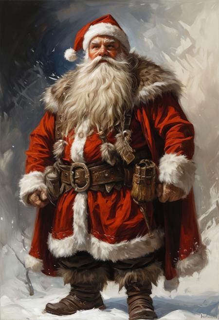 Fantasy dwarf in Santa Claus costume, masterful painting in the style of Anders Zorn | Marco Mazzoni | Yuri Ivanovich, Todd McFarlane, oil on canvas