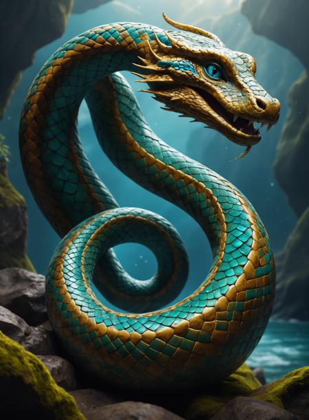 a colossal serpent, coiled around the entire Midgard, the earth. The scales covering its body come in a variety of vibrant hues, representing the diverse ecosystems found on Earth. Each scale glimmers with iridescent light, capturing the essence of nature itself. Its massive head raises upward, looking towards the heavens, its eyes filled with curiosity and wonder.
As the serpent winds around the globe, its tail creates ripples across the ocean, symbolizing the dynamic balance between land and sea. Intricate patterns decorate its body, inspired by the designs found in nature, such as swirling currents and textures of bark and stone.