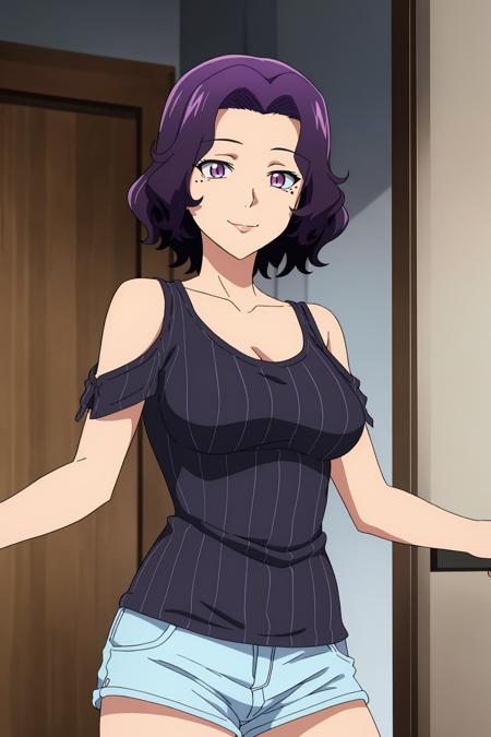 ((best quality)),((highly detailed)),masterpiece,absurdres, detailed face,beautiful face,(detailed eyes, deep eyes),(1girl),((dynamic pose)), <lora:AzusaV1:0.7>, Azusa, solo, purple hair, shorts, purple eyes, smile, short hair, shoulder cutout, breasts, looking at viewer, clothing cutout, short shorts, shirt, mole, bare shoulders, medium breasts, cowboy shot, large breasts, hair intakes, blue shorts, denim, mole under eye, door, collarbone, black shirt, denim shorts, striped, indoors, casual, standing, striped shirt