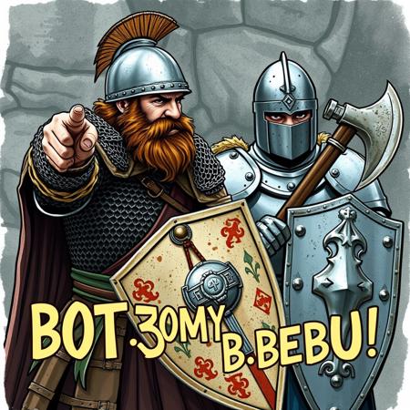 The photo shows a medieval brutal man with a beard, wearing a helmet and chain mail, pointing to the side, holding a spear and shield in his hands, showing his comrade in plate armor with an axe
The text  "BOT 3TOMY BbEBU!"
Medieval style, random background